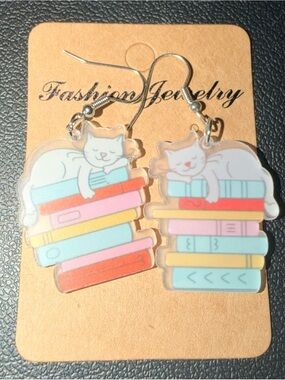Cute Cat on Books Acrylic Earrings - White Cat, Multicolor